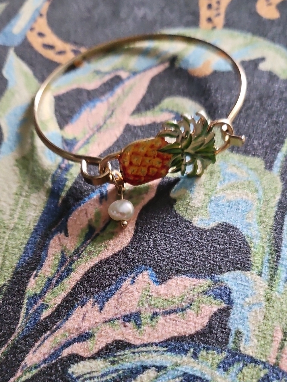 Unlisted Gold Bangle with Pineapple Enamel Charm and Pearl Drop